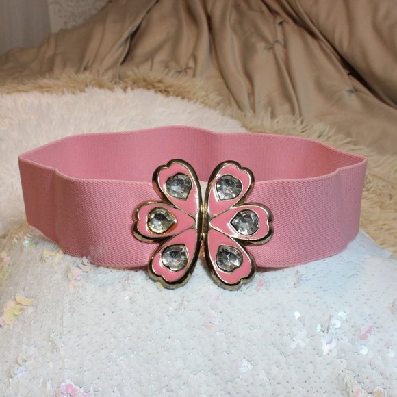 ??  Vintage Flamingo Pink Flower Rhinestone Elastic Bling Belt 25-28\